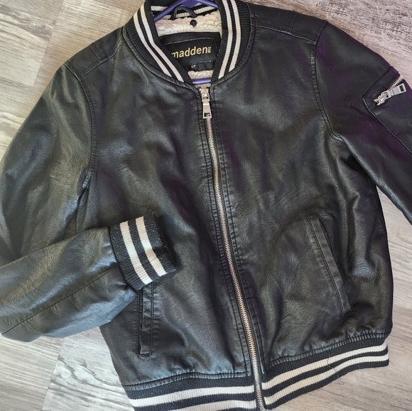 Madden NYC Faux Black Leather Bomber Jacket - Picture 2 of 11